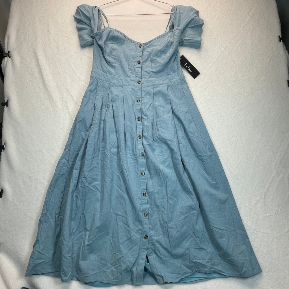 Lulus Midi Dress M Blue Peasant Milkmaid NWT Cottagecore Ruffle Boho Cotton - Picture 1 of 11